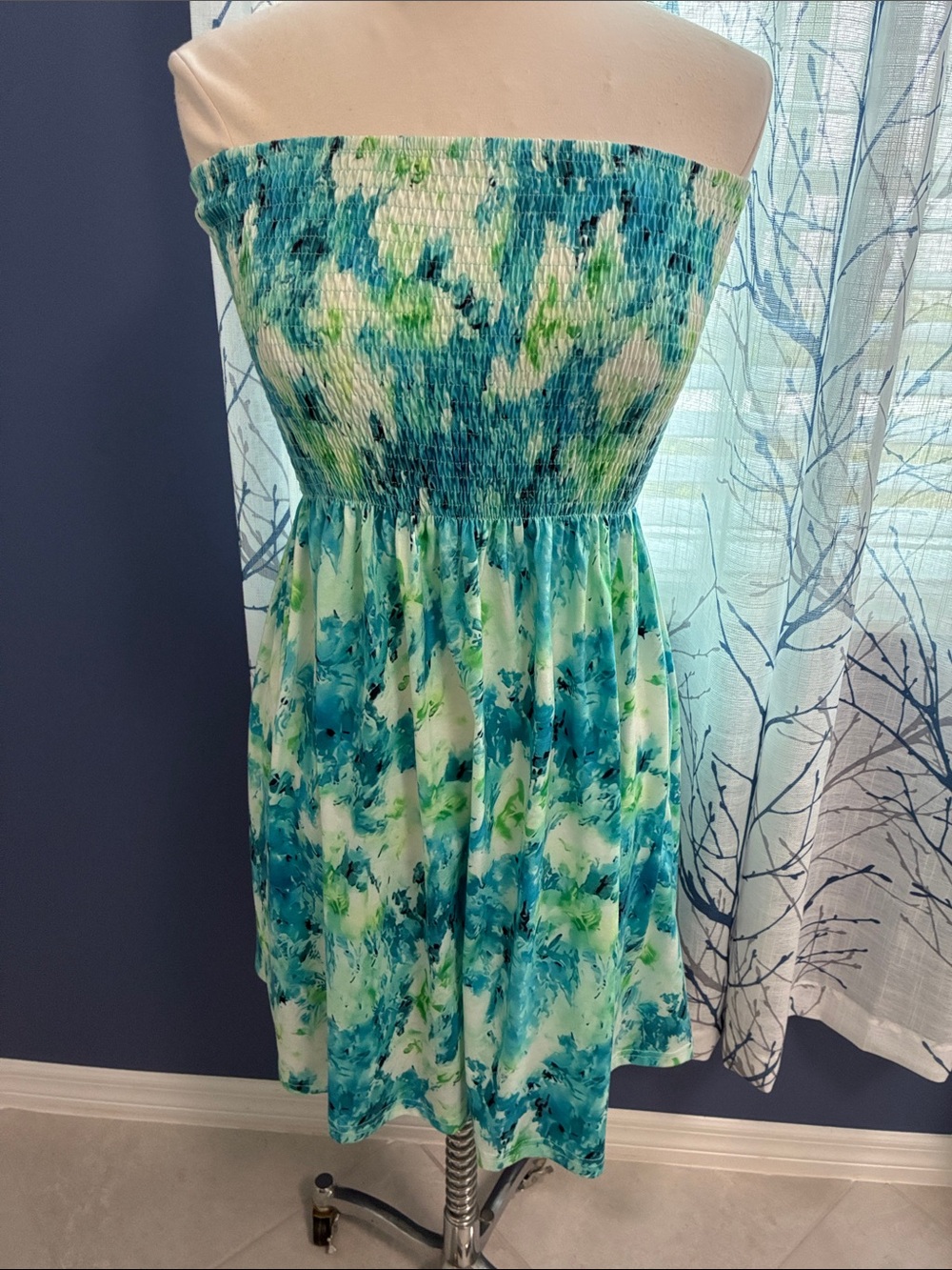 Strapless Blue Green Watercolor Sundress